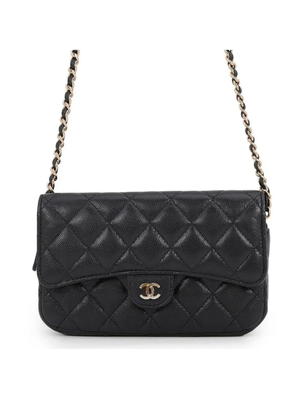 Chanel Chain Shoulder Bag Flap Phone Case Quilted CC Logo Caviar Leather Black